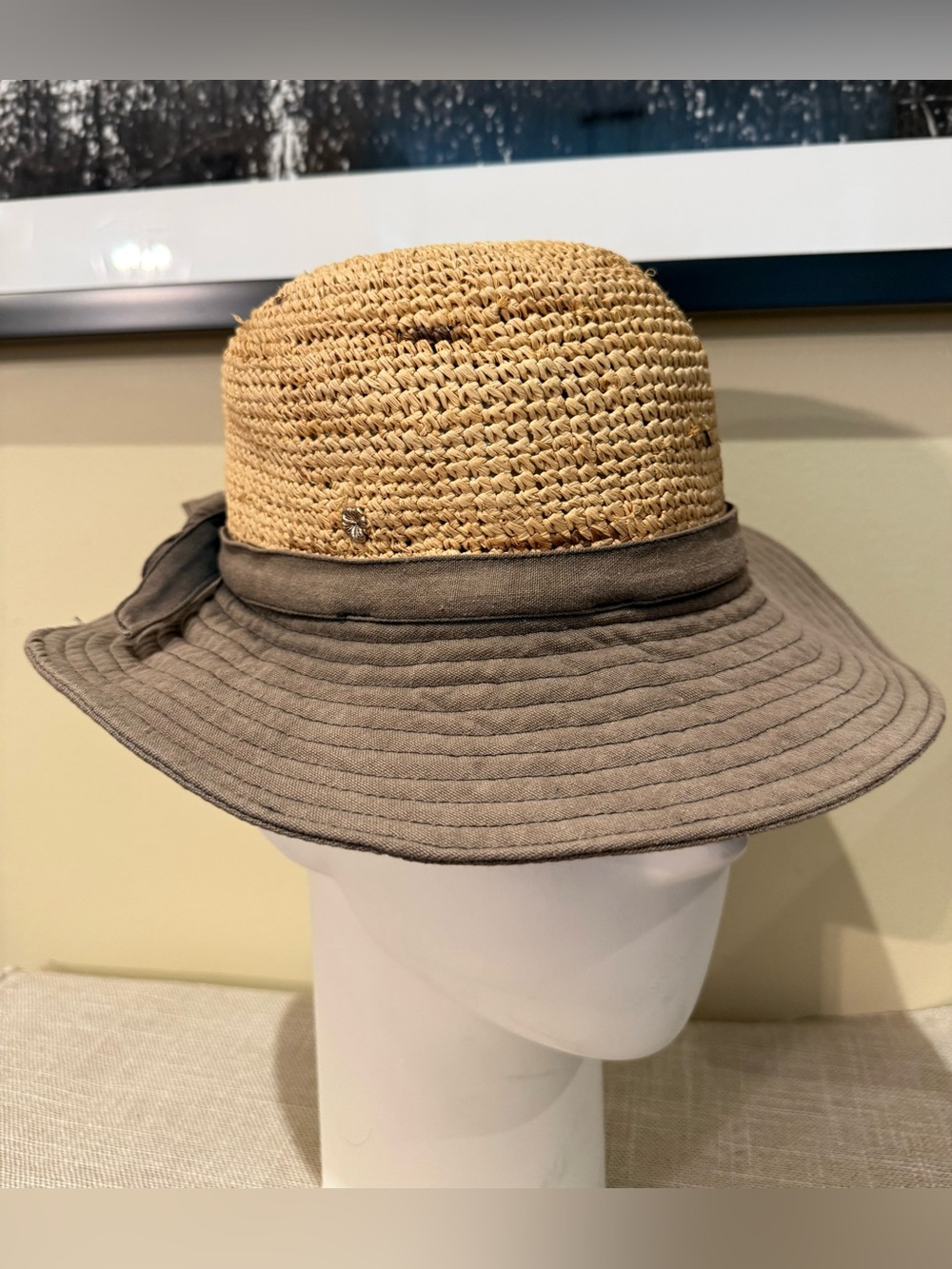 Flora Bella Straw Sun Hat Canvas Brim Bow Neutral Resortwear⁠